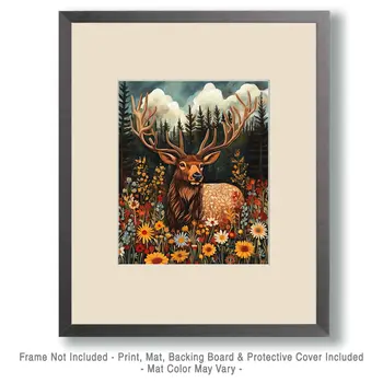 Folk Art Elk - Wildlife Wall Art Prints – 8″x10″ Artwork for 11″x14″ Frame