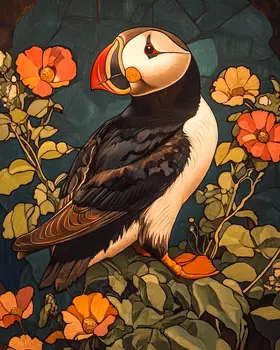 Puffin Floral - Animal Still Life Wall Art Prints – 8″x10″ Artwork for 11″x14″ Frame