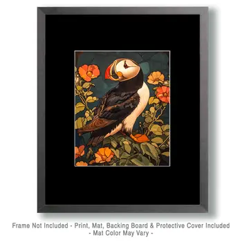 Puffin Floral - Animal Still Life Wall Art Prints – 8″x10″ Artwork for 11″x14″ Frame