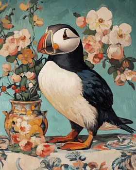 Vintage Puffin with Vase - Animal Still Life Wall Art Prints – 8″x10″ Artwork for 11″x14″ Frame