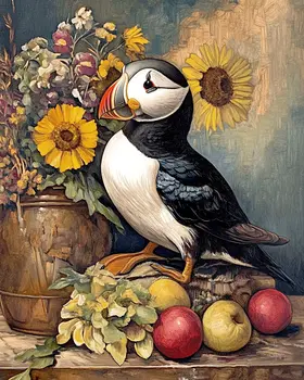 Puffin and Sunflowers - Animal Still Life Wall Art Prints – 8″x10″ Artwork for 11″x14″ Frame