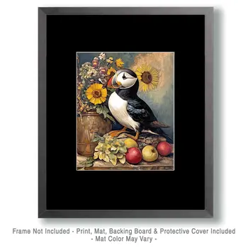 Puffin and Sunflowers - Animal Still Life Wall Art Prints – 8″x10″ Artwork for 11″x14″ Frame