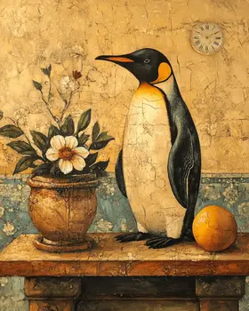 Antique Style Penguin Artwork - Animal Still Life Wall Art Prints – 8″x10″ Artwork for 11″x14″ Frame