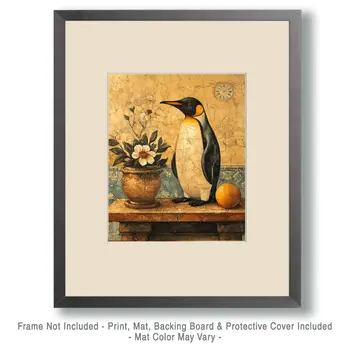 Antique Style Penguin Artwork - Animal Still Life Wall Art Prints – 8″x10″ Artwork for 11″x14″ Frame