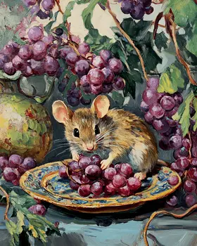 Mouse and Grapes - Animal Still Life Wall Art Prints – 8″x10″ Artwork for 11″x14″ Frame
