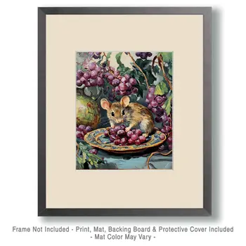 Mouse and Grapes - Animal Still Life Wall Art Prints – 8″x10″ Artwork for 11″x14″ Frame