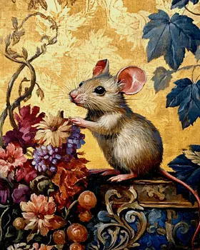 Nouveau Mouse and Flowers - Animal Still Life Wall Art Prints – 8″x10″ Artwork for 11″x14″ Frame