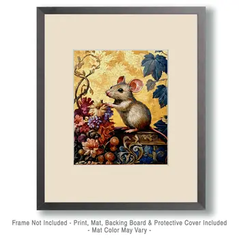 Nouveau Mouse and Flowers - Animal Still Life Wall Art Prints – 8″x10″ Artwork for 11″x14″ Frame