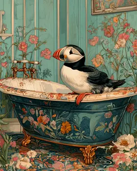 Puffin in Fancy Bathtub - Bathroom Wall Art Prints – 8″x10″ Artwork for 11″x14″ Frame
