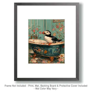 Puffin in Fancy Bathtub - Bathroom Wall Art Prints – 8″x10″ Artwork for 11″x14″ Frame