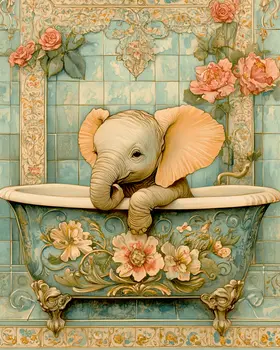 Baby Elephant in Fancy Bathtub - Bathroom Wall Art Prints – 8″x10″ Artwork for 11″x14″ Frame