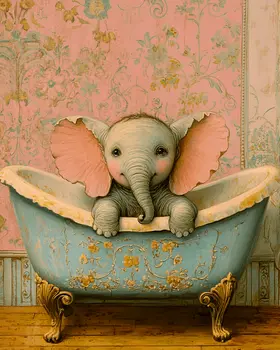 Baby Elephant in Painted Bathtub - Bathroom Wall Art Prints – 8″x10″ Artwork for 11″x14″ Frame
