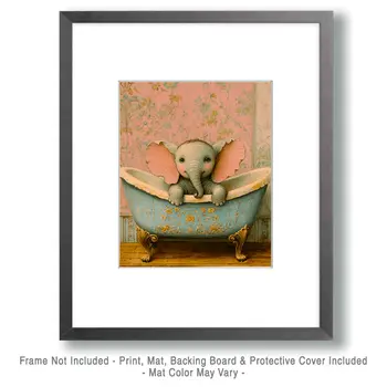 Baby Elephant in Painted Bathtub - Bathroom Wall Art Prints – 8″x10″ Artwork for 11″x14″ Frame