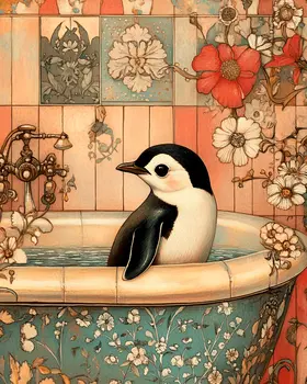 Baby Penguin in Fancy Bathtub - Bathroom Wall Art Prints – 8″x10″ Artwork for 11″x14″ Frame