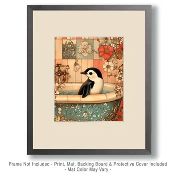 Baby Penguin in Fancy Bathtub - Bathroom Wall Art Prints – 8″x10″ Artwork for 11″x14″ Frame