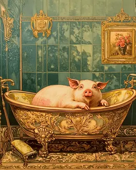Pig in Fancy Bathtub - Bathroom Wall Art Prints – 8″x10″ Artwork for 11″x14″ Frame