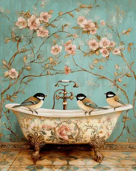 Songbirds on a Painted Bathtub - Bathroom Wall Art Prints – 8″x10″ Artwork for 11″x14″ Frame