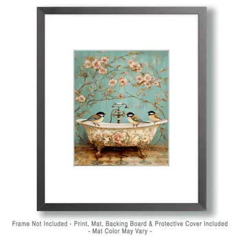 Songbirds on a Painted Bathtub - Bathroom Wall Art Prints – 8″x10″ Artwork for 11″x14″ Frame