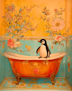 Penguin Standing on a Fancy Bathtub - Bathroom Wall Art Prints – 8″x10″ Artwork for 11″x14″ Frame