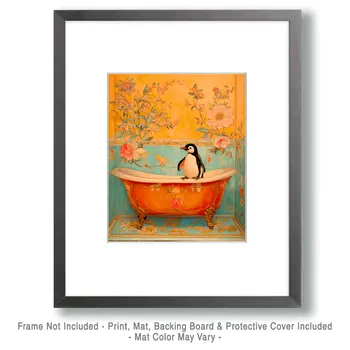 Penguin Standing on a Fancy Bathtub - Bathroom Wall Art Prints – 8″x10″ Artwork for 11″x14″ Frame