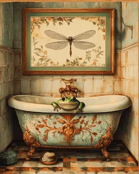 Frog in Bathtub with Dragonfly Art Above - Bathroom Wall Art Prints – 8″x10″ Artwork for 11″x14″ Frame
