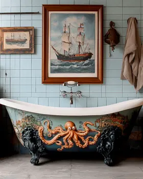 Octopus Bathtub - Bathroom Wall Art Prints – 8″x10″ Artwork for 11″x14″ Frame