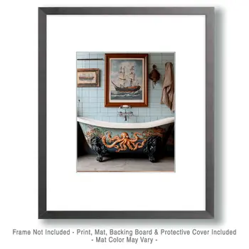 Octopus Bathtub - Bathroom Wall Art Prints – 8″x10″ Artwork for 11″x14″ Frame
