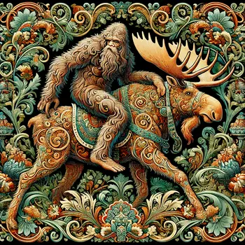 Art Nouveau Bigfoot Moose Getaway - Bigfoot Art Prints – 8″x8″ Artwork in 12″x12″ Mat