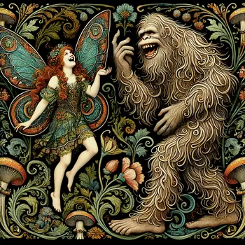 Sasquatch Tells Fairy a Joke - Bigfoot Art Prints – 8″x8″ Artwork in 12″x12″ Mat