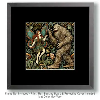 Sasquatch Tells Fairy a Joke - Bigfoot Art Prints – 8″x8″ Artwork in 12″x12″ Mat