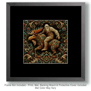 Sasquatch Riding on a Moose - Bigfoot Art Prints – 8″x8″ Artwork in 12″x12″ Mat
