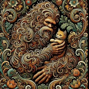 Sasquatch with Pet Kitten - Bigfoot Art Prints – 8″x8″ Artwork in 12″x12″ Mat