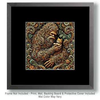 Sasquatch with Pet Kitten - Bigfoot Art Prints – 8″x8″ Artwork in 12″x12″ Mat