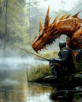 Knight & Dragon Fishing - Dragon Wall Art Prints – 8″x10″ Artwork for 11″x14″ Frame
