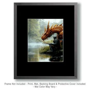 Knight & Dragon Fishing - Dragon Wall Art Prints – 8″x10″ Artwork for 11″x14″ Frame