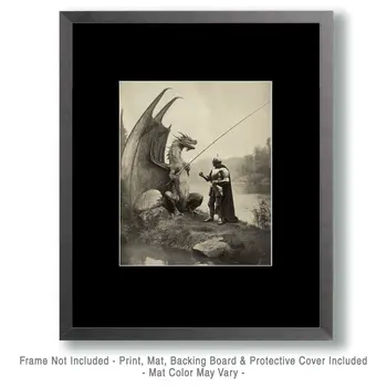 Knight & Draco Discussing Fishing - Dragon Wall Art Prints – 8″x10″ Artwork for 11″x14″ Frame
