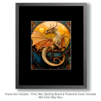 Nouveau Draco Sunrise - Dragon Wall Art Prints – 8″x10″ Artwork for 11″x14″ Frame