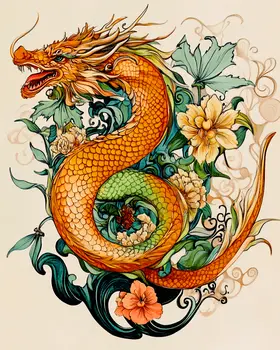 Floral Draco Design - Dragon Wall Art Prints – 8″x10″ Artwork for 11″x14″ Frame
