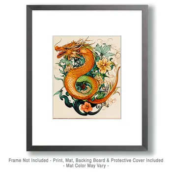 Floral Draco Design - Dragon Wall Art Prints – 8″x10″ Artwork for 11″x14″ Frame