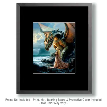 Princess and Dragon on the Seashore - Dragon Wall Art Prints – 8″x10″ Artwork for 11″x14″ Frame