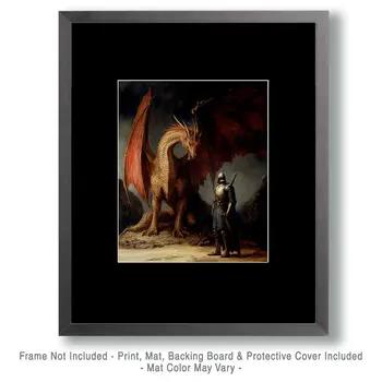 Draco & Knight Standing Guard - Dragon Wall Art Prints – 8″x10″ Artwork for 11″x14″ Frame