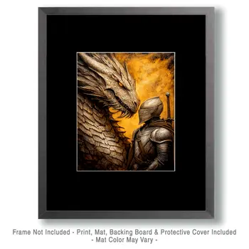 Draco & Knight Face to Face - Dragon Wall Art Prints – 8″x10″ Artwork for 11″x14″ Frame
