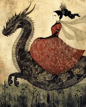 Folk Art Princess Riding Draco - Dragon Wall Art Prints – 8″x10″ Artwork for 11″x14″ Frame