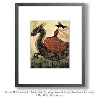 Folk Art Princess Riding Draco - Dragon Wall Art Prints – 8″x10″ Artwork for 11″x14″ Frame
