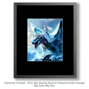 Princess Rides a White Draco - Dragon Wall Art Prints – 8″x10″ Artwork for 11″x14″ Frame