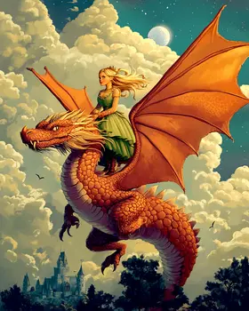 Storybook Princess Rides a Draco - Dragon Wall Art Prints – 8″x10″ Artwork for 11″x14″ Frame