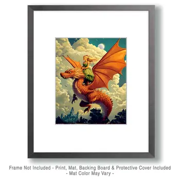 Storybook Princess Rides a Draco - Dragon Wall Art Prints – 8″x10″ Artwork for 11″x14″ Frame