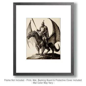 Knight on Dragon Pencil Sketch - Dragon Wall Art Prints – 8″x10″ Artwork for 11″x14″ Frame