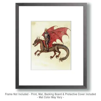 Antique Style Folk Art King on Draco - Dragon Wall Art Prints – 8″x10″ Artwork for 11″x14″ Frame