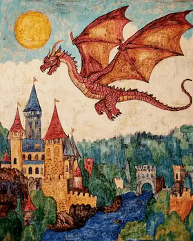 Folk Art Style Draco Flying Over Castle - Dragon Wall Art Prints – 8″x10″ Artwork for 11″x14″ Frame